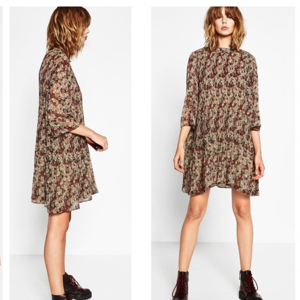 Zara Mock Neck Floral Print 3/4 Sleeve Flowy A-Line Midi Dress Size M